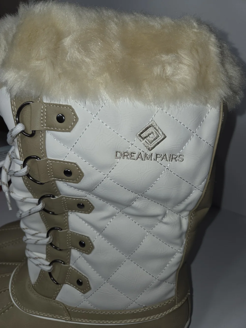 Dream Pairs Tan and White Quilted Faux Fur Lined Boots
